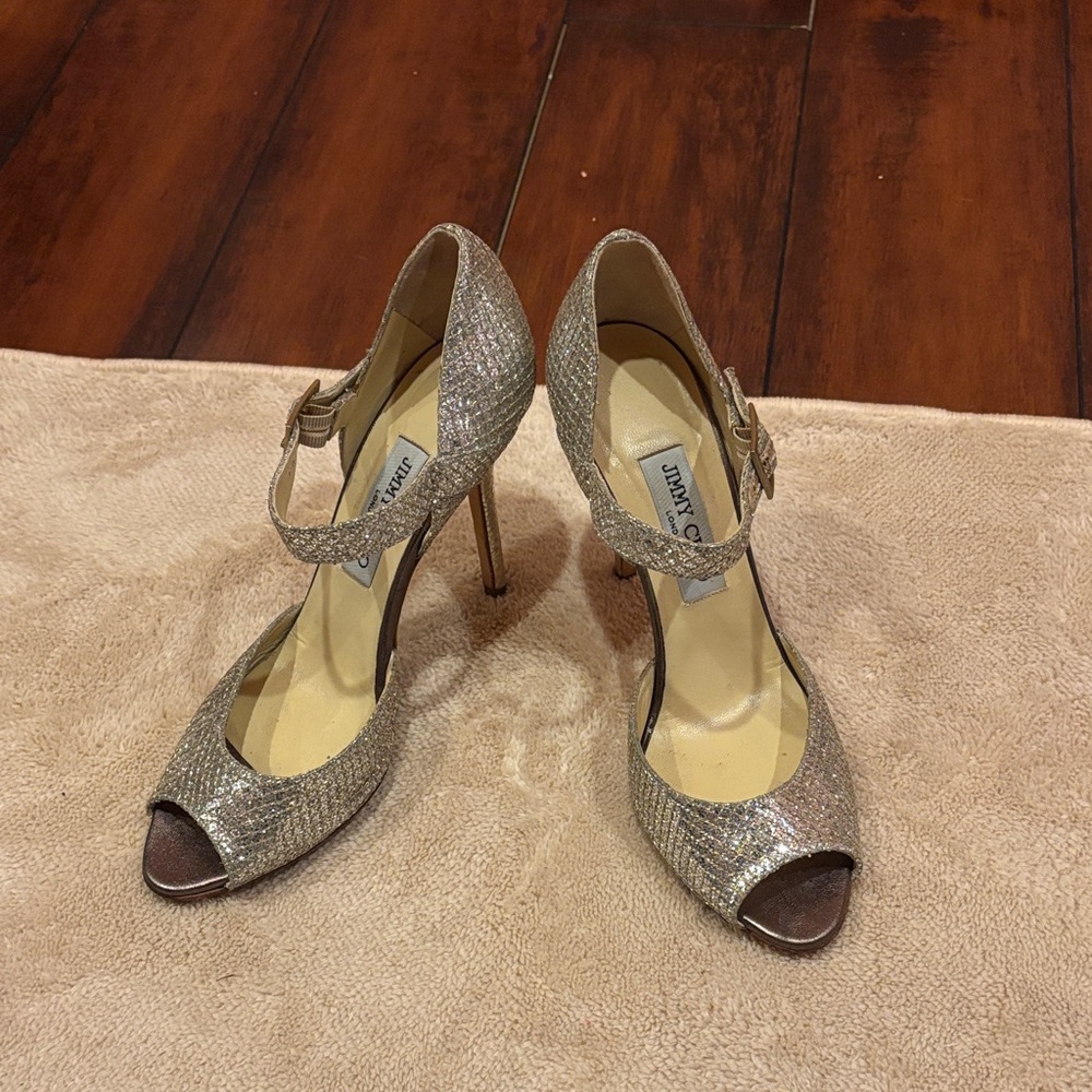 Jimmy Choo Glittering Gold Silver Peep-Toe Heels - size 39